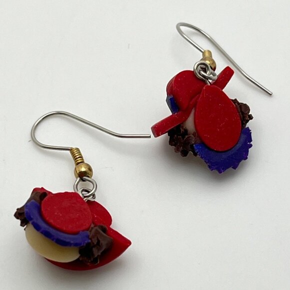 Red Hat Society Dangle Earrings Vintage Lady Head Polymer Clay - Picture 4 of 6